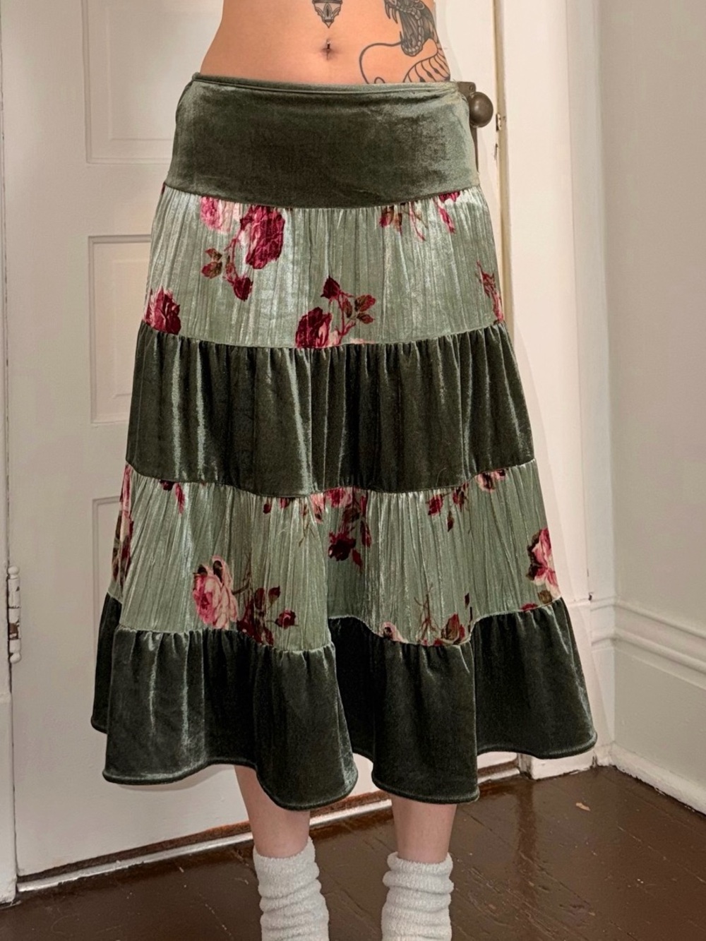 Whimsygoth green velvet ruffle skirt